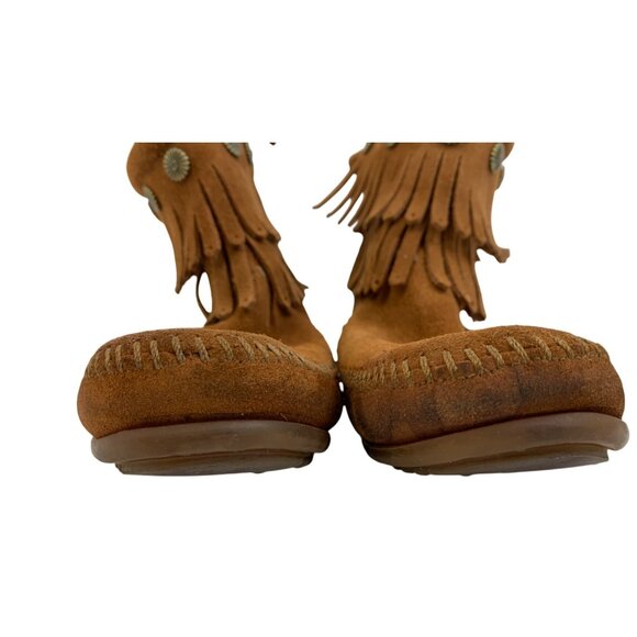 Minnetonka Sz 8 Womens Suede Fringe Moccasin Boots Tan Stud Zip Used - Picture 6 of 15